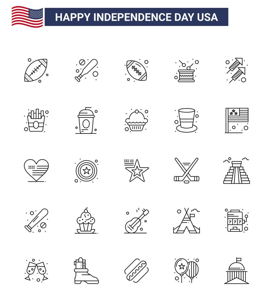 pack d'icônes vectorielles stock de jour américain 25 signes et symboles de ligne pour l'indépendance du feu rugby indépendance tambour modifiable usa day vector design elements