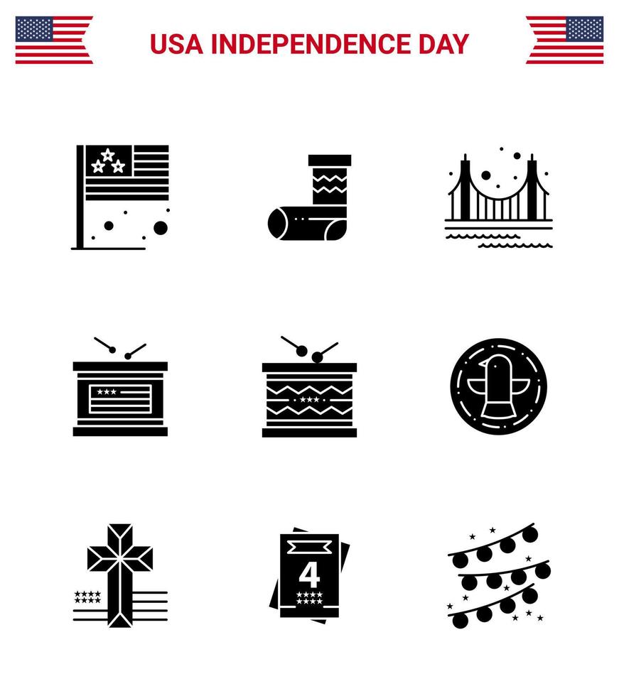 ensemble moderne de 9 glyphes et symboles solides le jour de l'indépendance des états-unis tels que le pont de l'indépendance du tambour tourisme de vacances éléments de conception vectoriels modifiables de la journée des états-unis vecteur