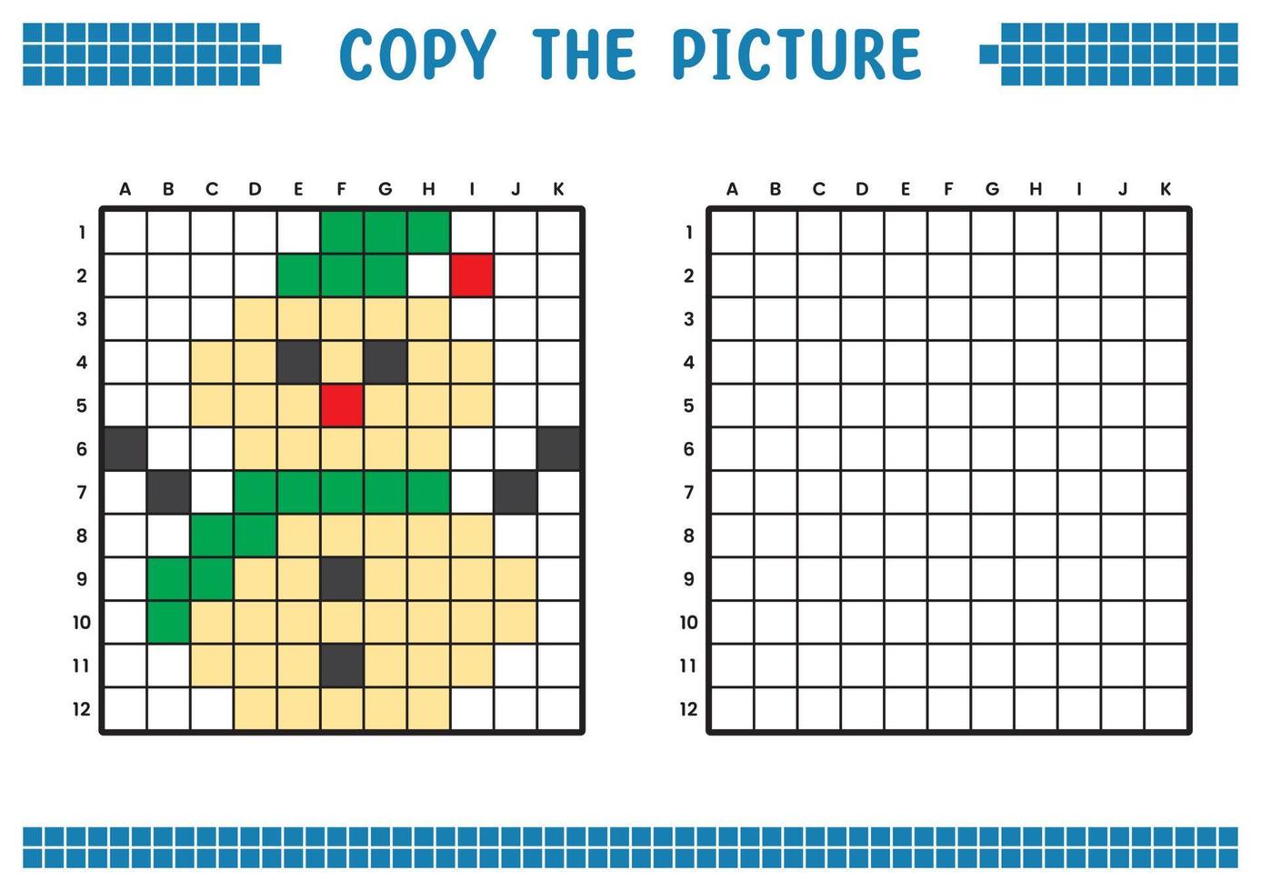 copiez l'image, complétez l'image de la grille. feuilles de travail pédagogiques dessinant avec des carrés, coloriant des zones de cellules. activités préscolaires des enfants. vecteur de dessin animé, pixel art. illustration d'un bonhomme de neige.