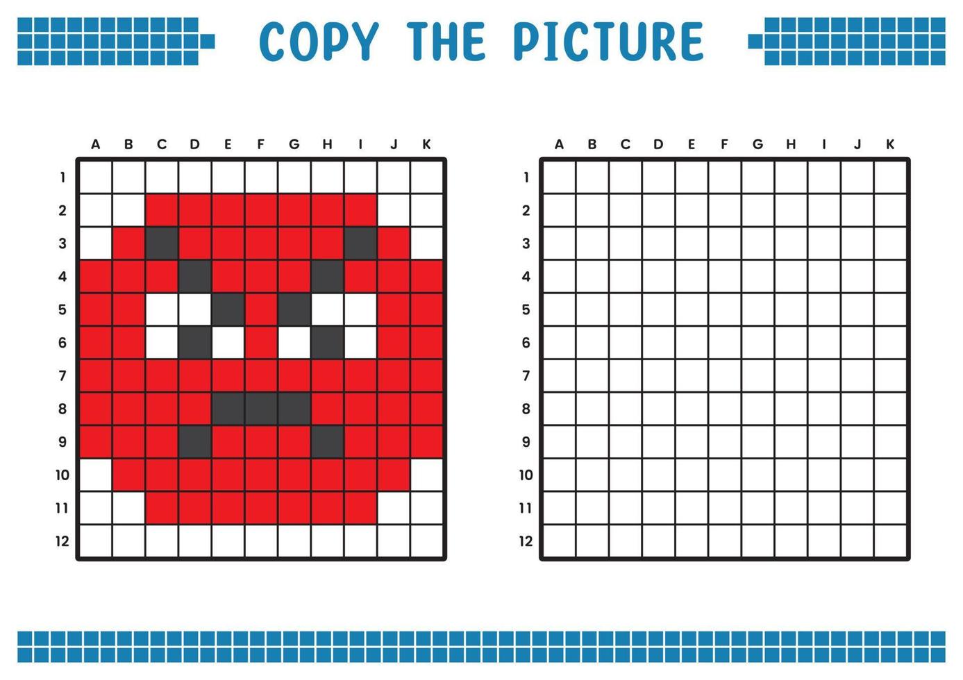 copiez l'image, complétez l'image de la grille. feuilles de travail pédagogiques dessinant avec des carrés, coloriant des zones de cellules. activités préscolaires des enfants. vecteur de dessin animé, pixel art. illustration de visage en colère.