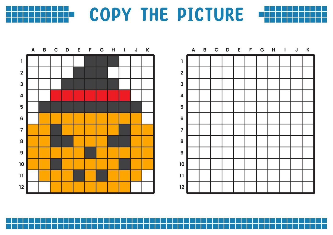 copiez l'image, complétez l'image de la grille. feuilles de travail pédagogiques dessinant avec des carrés, coloriant des zones de cellules. activités préscolaires des enfants. vecteur de dessin animé, pixel art. illustration de citrouille d'halloween.