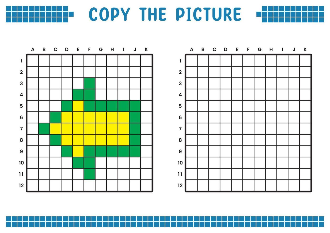 copiez l'image, complétez l'image de la grille. feuilles de travail pédagogiques dessinant avec des carrés, coloriant des zones de cellules. activités préscolaires des enfants. vecteur de dessin animé, pixel art. symbole d'illustration flèche gauche.