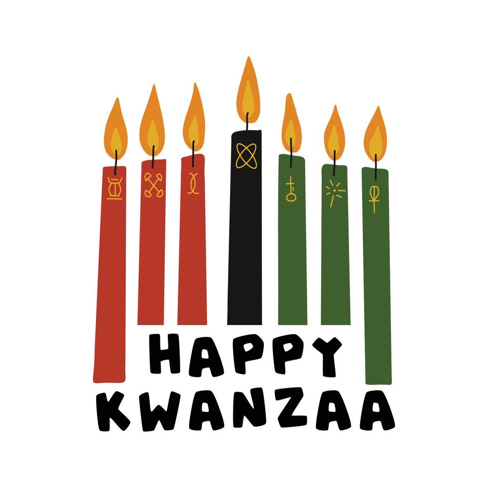 carte de voeux happy kwanzaa avec bougies kinara - rouge, noir, vert avec symboles dessinés à la main des sept principes de kwanzaa. modèle simple mignon pour la célébration du patrimoine afro-américain. vecteur