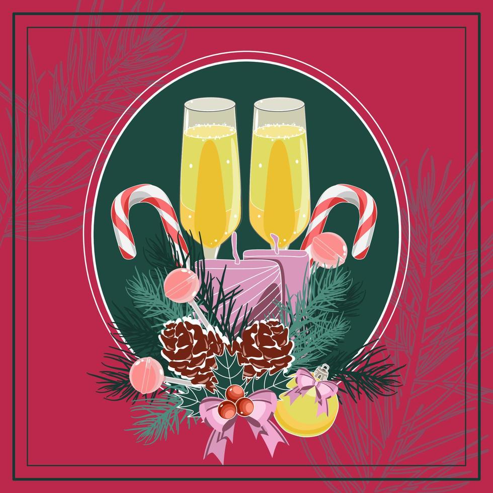 carte décorative de noël avec champagne, pommes de pin et branches, cannes de noël et bougies vecteur