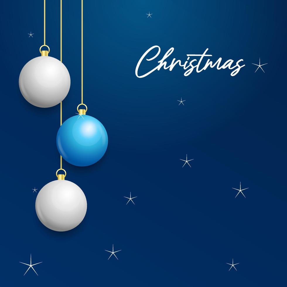 fond bleu de noël avec des boules blanches et argentées brillantes suspendues. carte de voeux joyeux noël vecteur