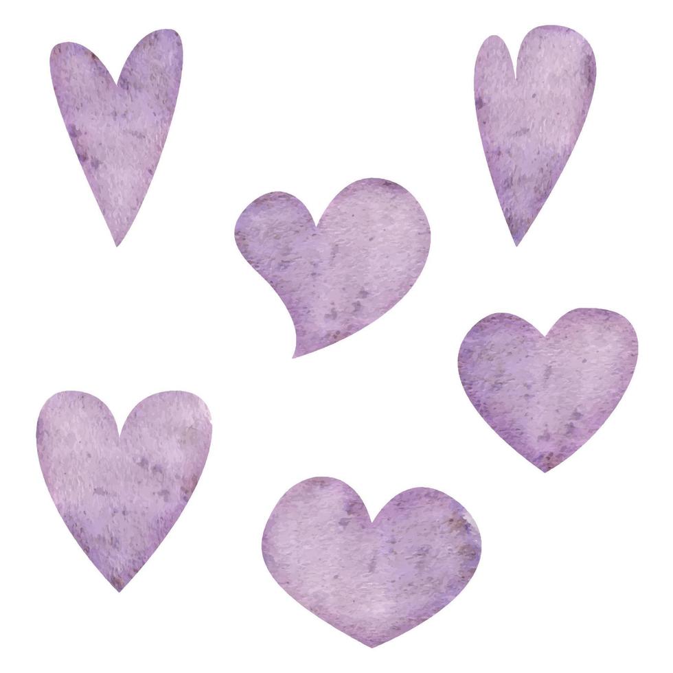 ensemble d'objets dessinés à la main à l'aquarelle, coeurs violets texturés pour la saint-valentin. isolé sur fond blanc. conception pour le papier, l'amour, les cartes de voeux, le textile, l'impression, le papier peint, le mariage vecteur