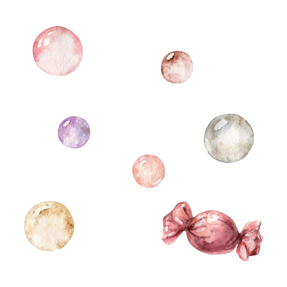 ensemble d'objets dessinés à la main à l'aquarelle, bulles de couleur pastel et bonbon rouge. isolé sur fond blanc. conception pour le papier, l'amour, les cartes de voeux, le textile, l'impression, le papier peint, le mariage vecteur