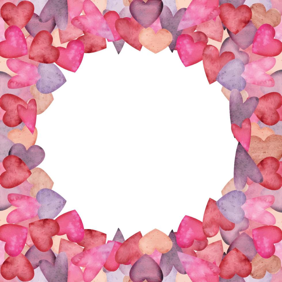 cadre de cercle dessiné à la main à l'aquarelle de coeurs rouges, violets, roses et écarlates pour la saint-valentin. isolé sur fond blanc. conception pour papier, cartes d'amour et de voeux, textile, impression, mariage vecteur