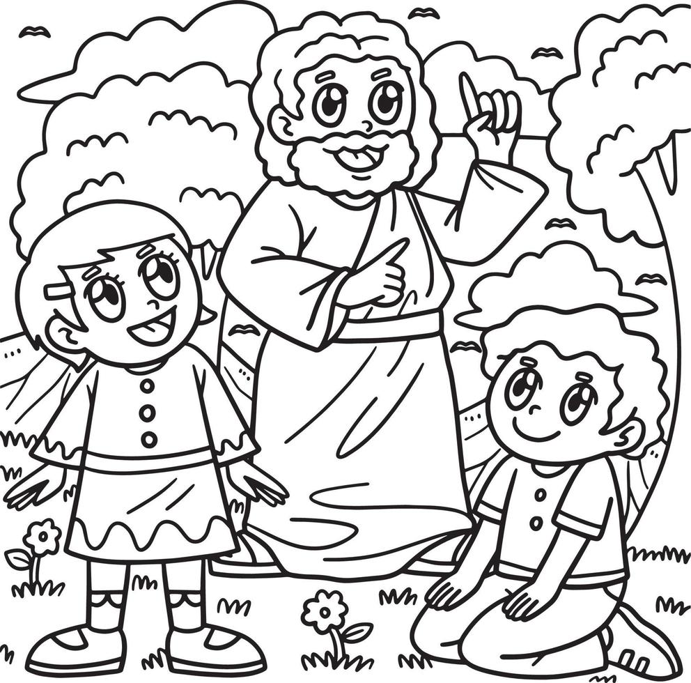 Coloriage Jésus chrétien avec des enfants modernes vecteur