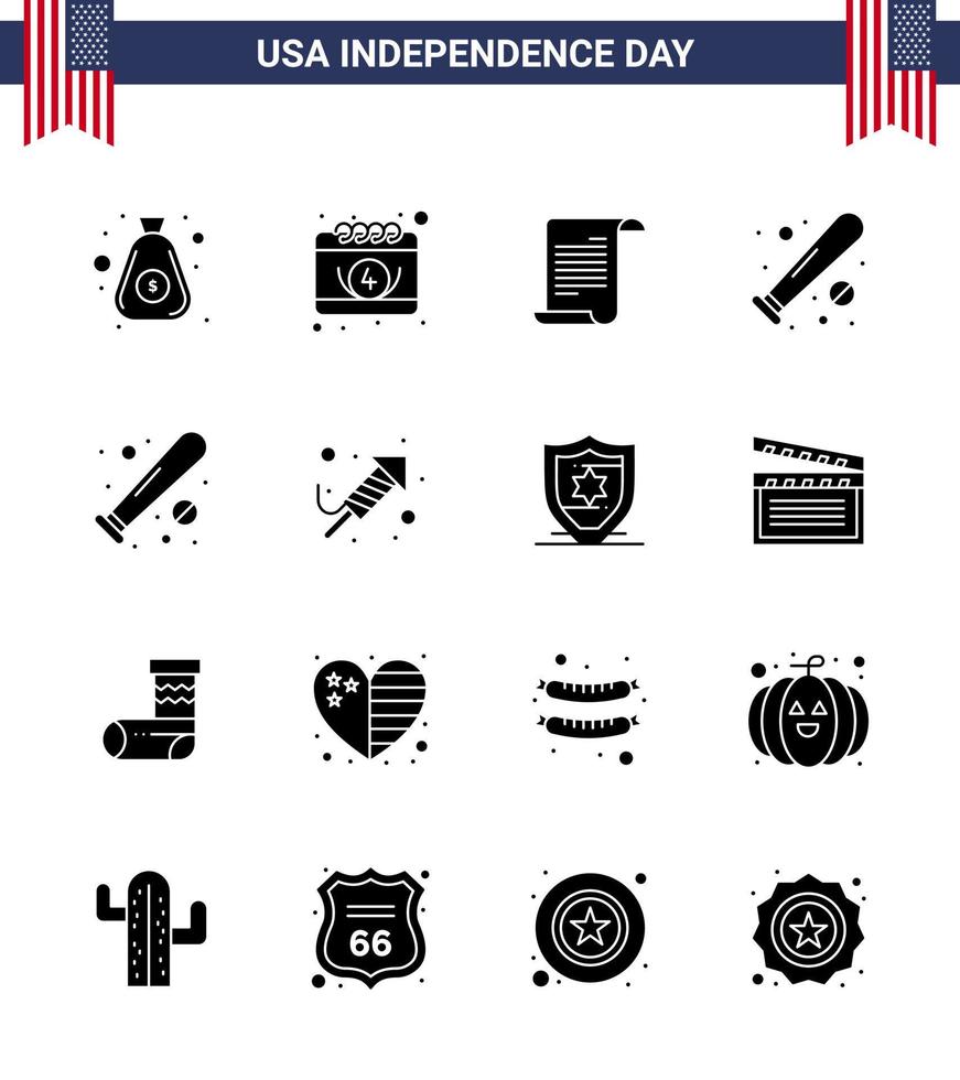 joyeux jour de l'indépendance usa pack de 16 glyphes solides créatifs de travail de feu fichier sportif bat ball modifiable usa day vector design elements