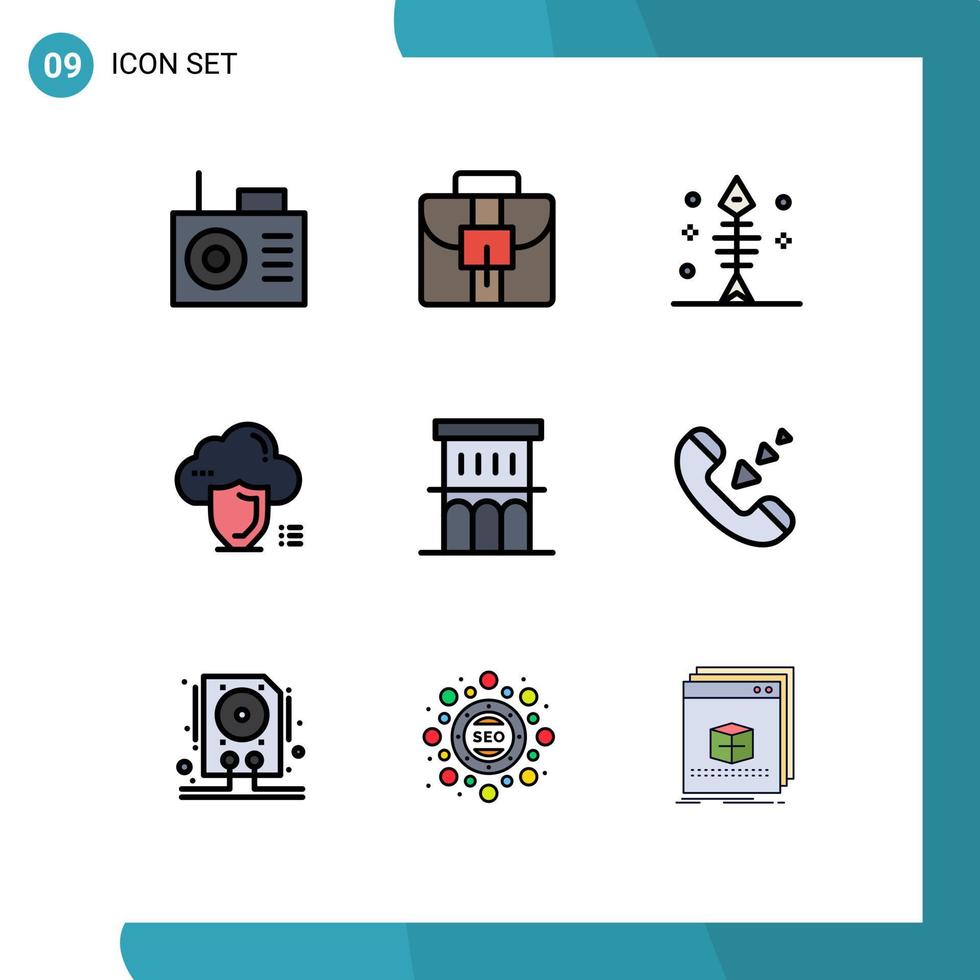 interface mobile fillline plat couleur ensemble de 9 pictogrammes de biens immobiliers fruits de mer architecture sécurité éléments de conception vectoriels modifiables vecteur