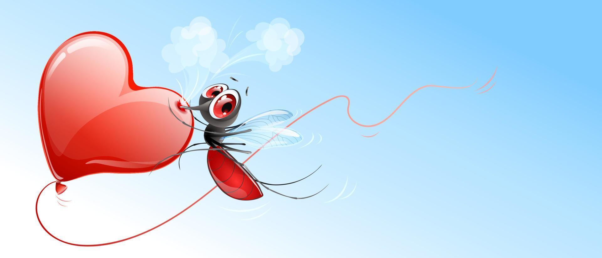 le moustique pique le ballon en forme de coeur et se précipite dessus vecteur
