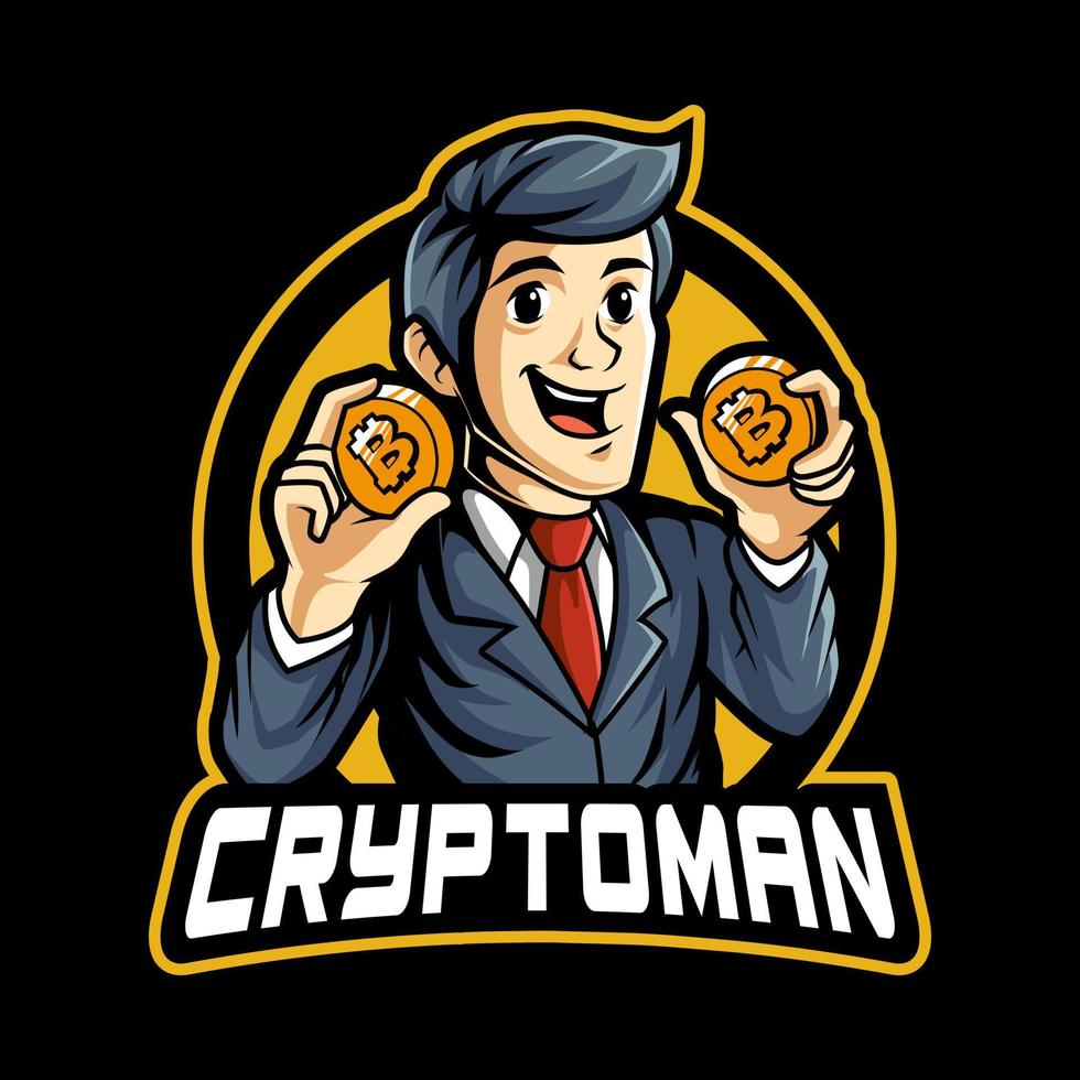 personnage de mascotte d'homme de crypto-monnaie pour le modèle de conception de logo d'exploitation minière et de jeu vecteur