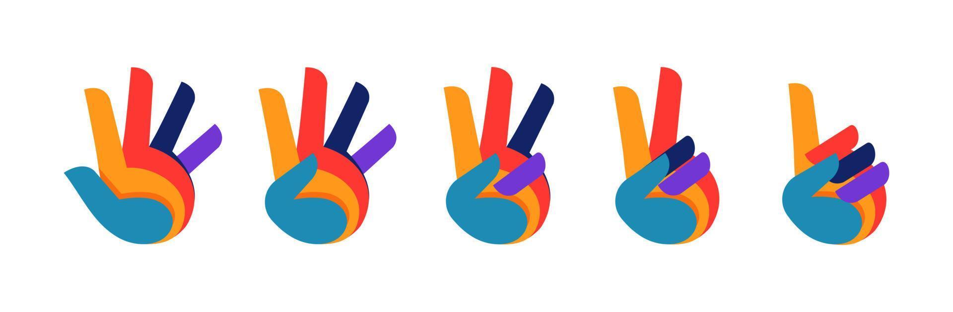 mains montrant des nombres, geste de la main compte 1 2 3 4 et 5 illustration d'icône vectorielle dans l'illustration de jeu de style de ligne remplie de dessin animé à la mode, conception de vecteur de main de comptage.