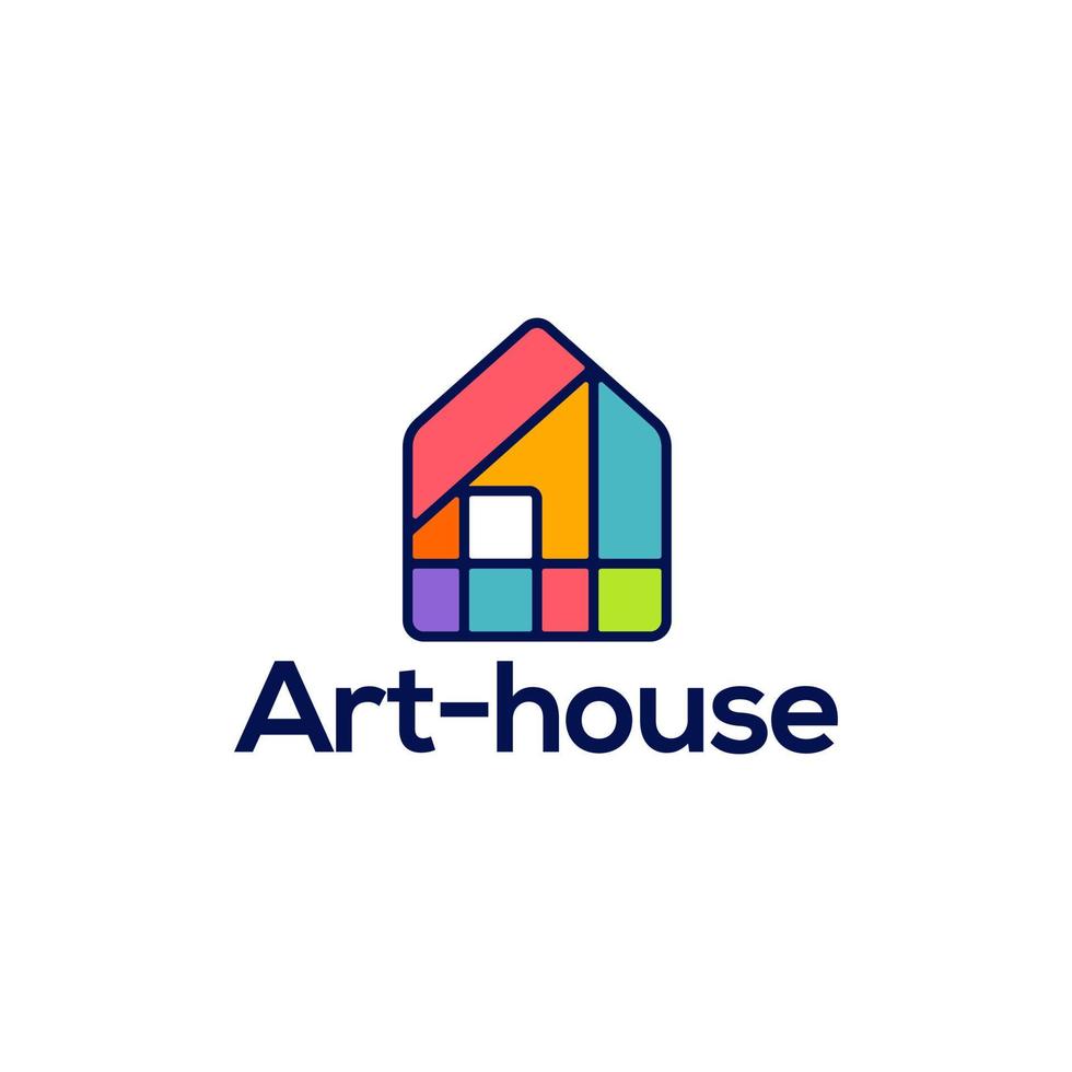 logo de la maison de la galerie d'art. logo de concept de musée d'art ou d'école d'artiste avec maison de forme géométrique abstraite au design multicolore. icône du logo de l'œuvre d'art de la maison colorée. vecteur