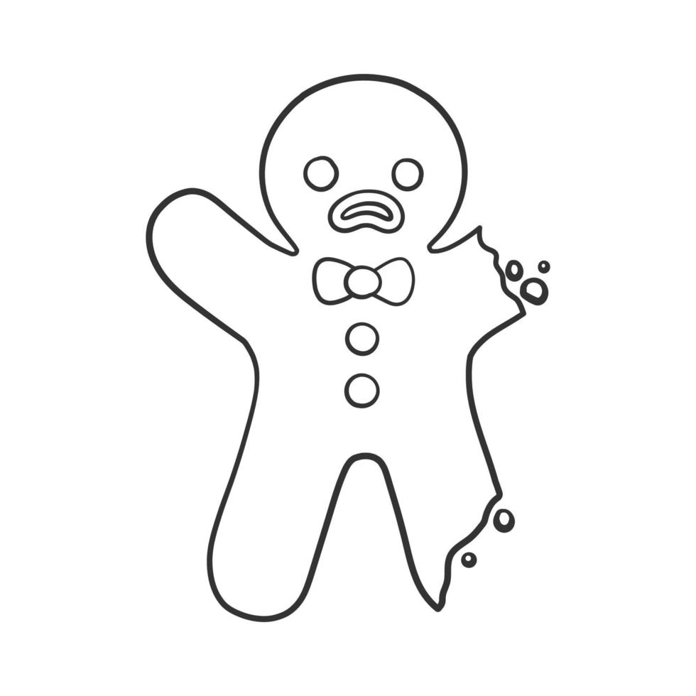biscuit de bonhomme en pain d'épice avec illustration de dessin animé de doodle de contour de morsure. activité de page de livre de coloriage de thème de nourriture de noël d'hiver pour les enfants. vecteur
