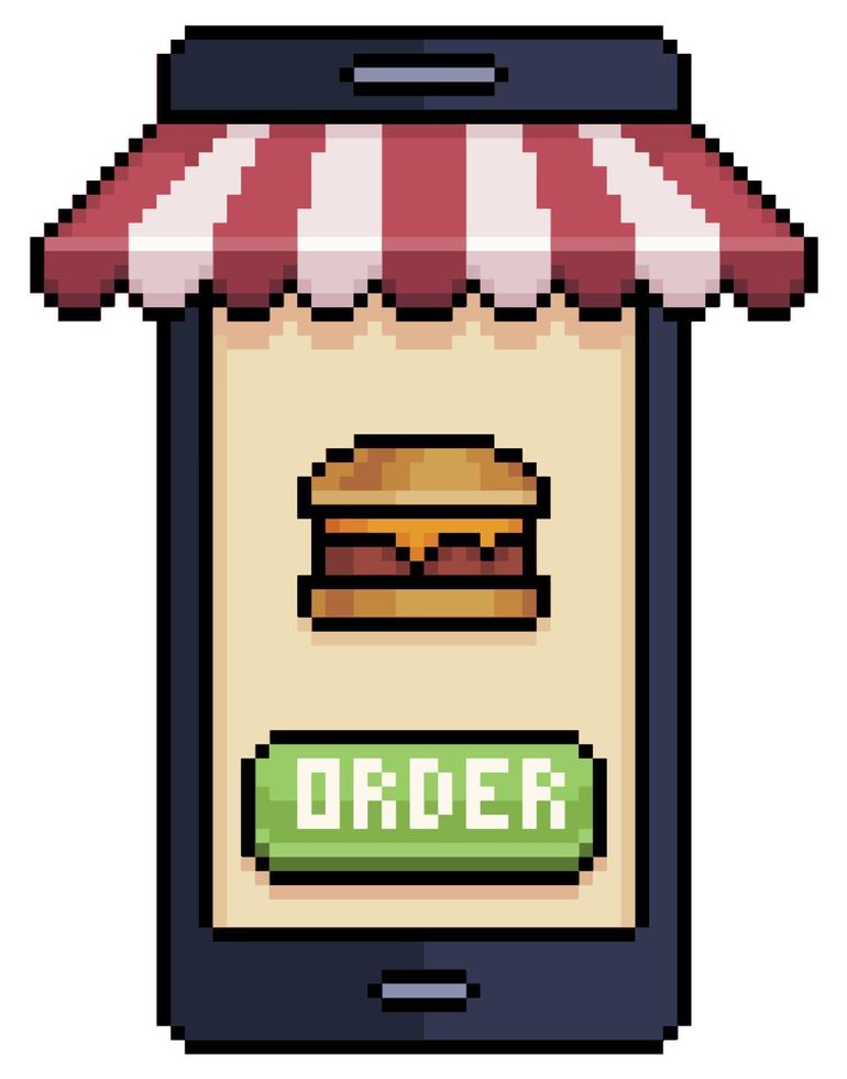 téléphone portable pixel art commandant hamburger dans l'icône de vecteur d'application alimentaire pour le jeu 8bit sur fond blanc