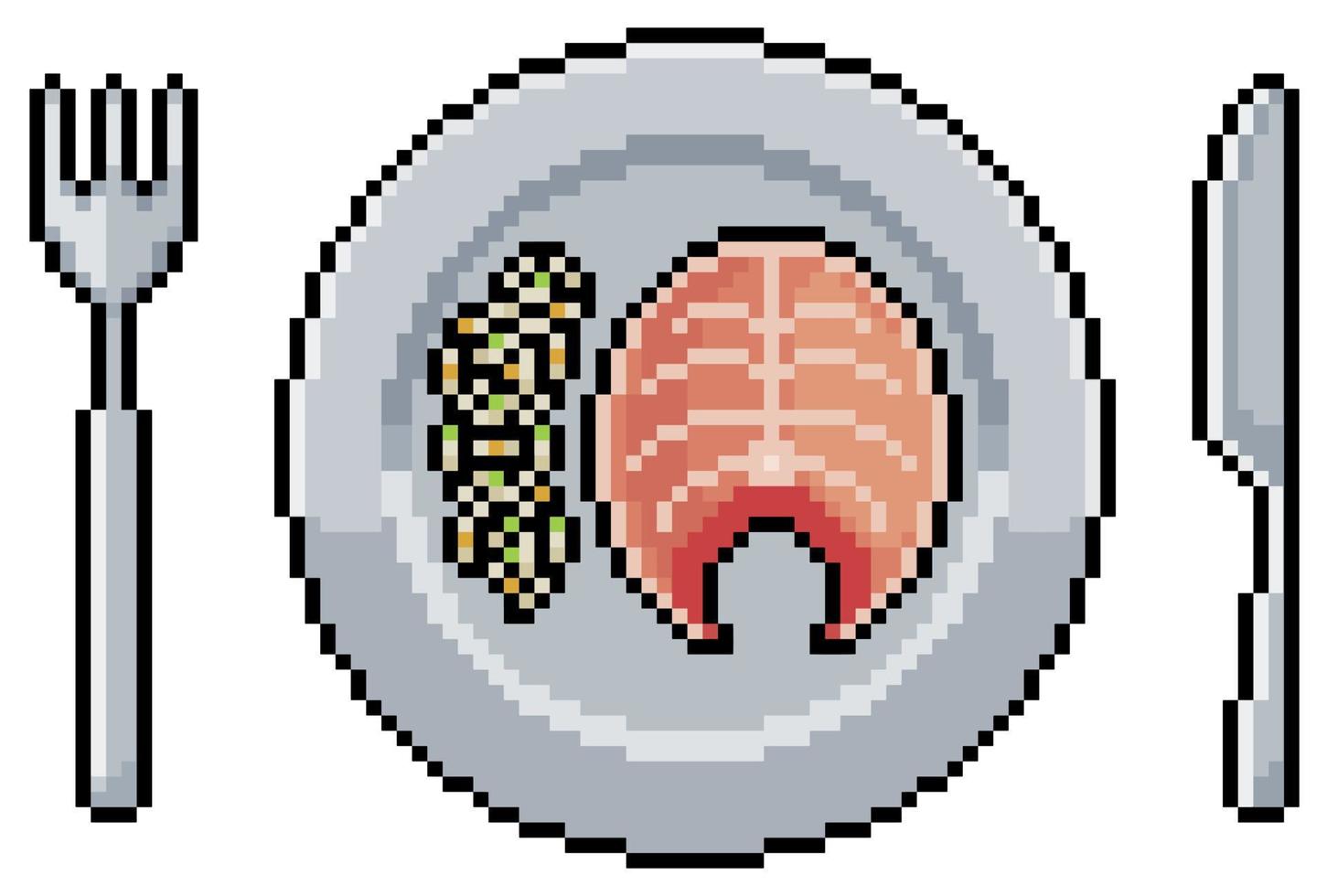 assiette pixel art avec saumon grillé et riz, icône vectorielle de couverts pour jeu 8 bits sur fond blanc vecteur