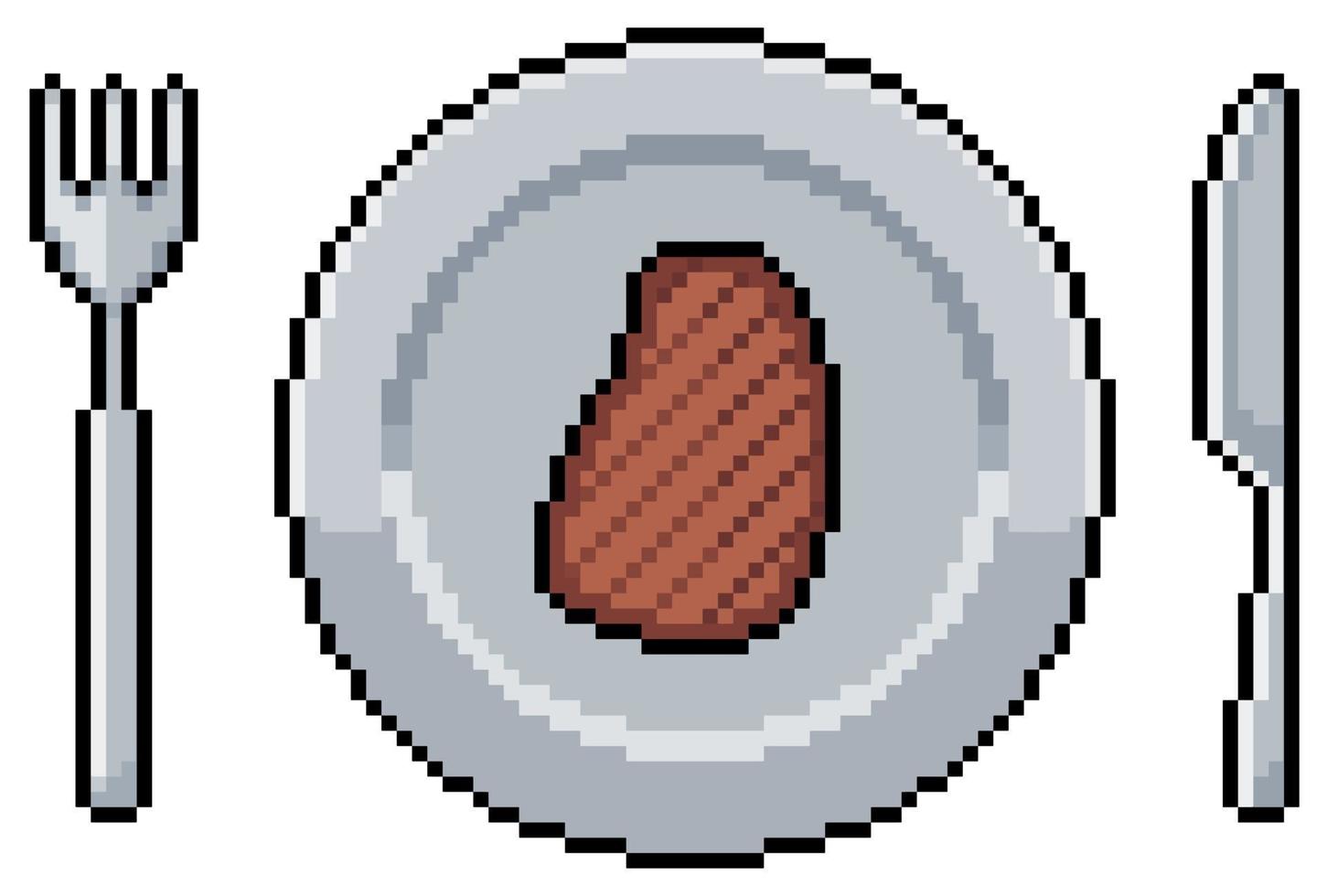 plaque d'art pixel avec steak de boeuf et icône de vecteur de couverts pour le jeu 8bit sur fond blanc