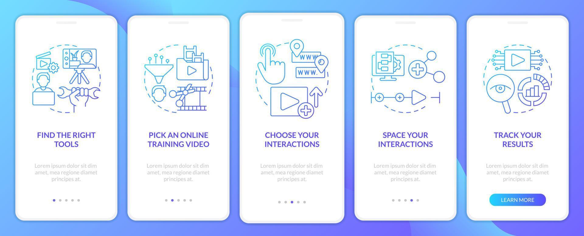 création d'un écran d'application mobile d'intégration de dégradé bleu vidéo éducative. instructions graphiques en 5 étapes avec des concepts linéaires. ui, ux, modèle d'interface graphique. vecteur