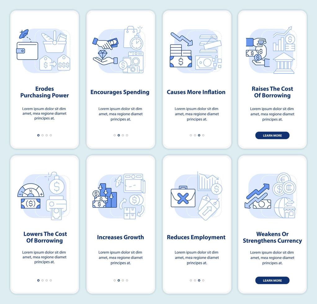 conséquences de l'inflation ensemble d'écran d'application mobile d'intégration bleu clair vecteur