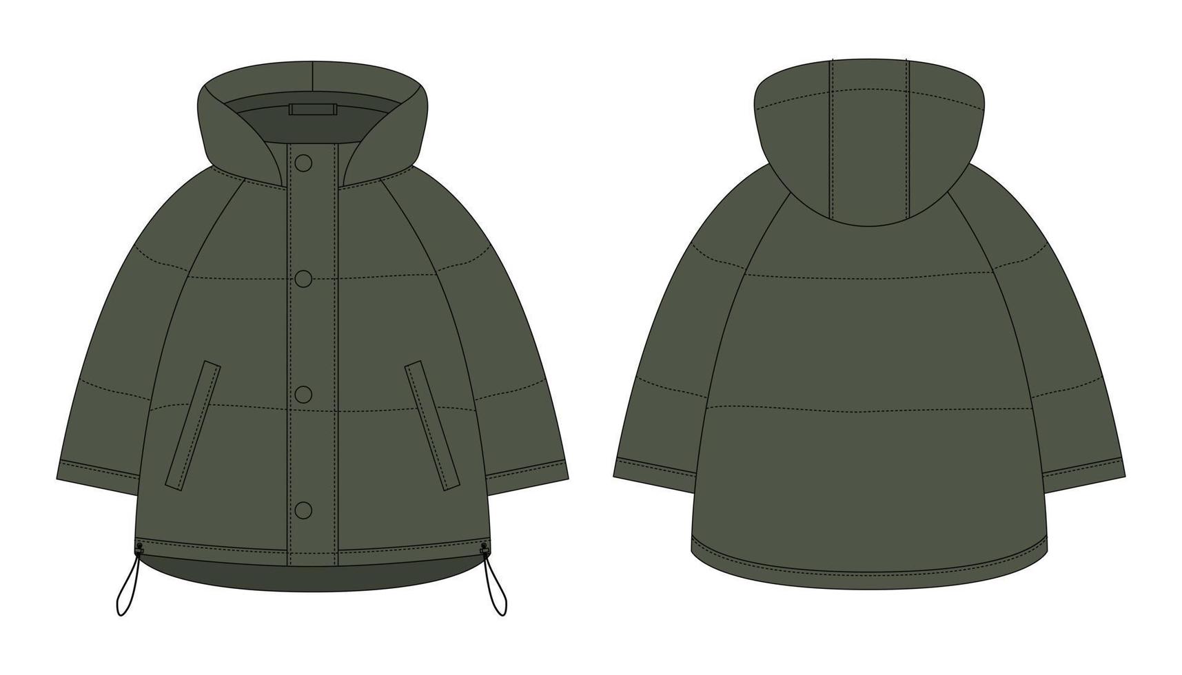 Croquis technique d'un manteau d'hiver en duvet raglan surdimensionné. couleur vert kaki. modèle de conception de veste matelassée pour femmes. maquette de vêtements d'extérieur pour enfants. vecteur