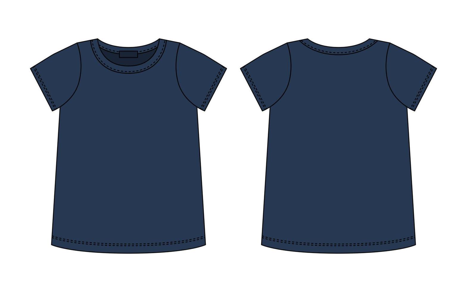 croquis technique de t-shirt vierge. couleur bleu foncé. modèle de conception de contour de t-shirt féminin. vecteur