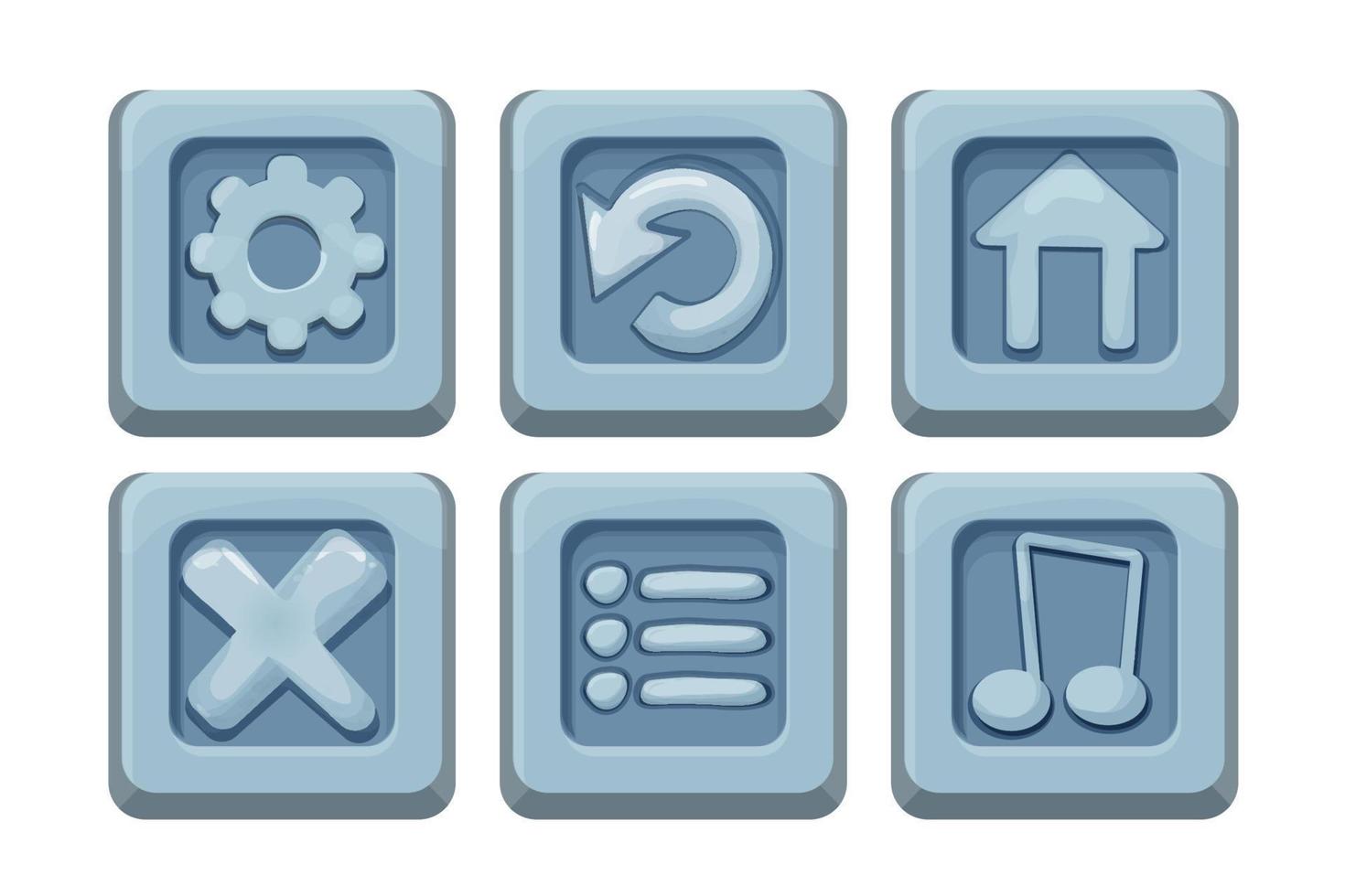 définir les boutons de l'interface utilisateur du menu sur un bloc de pierre dans un style de dessin animé comique, élément de conception de jeu, objet d'interface isolé sur fond blanc. illustration vectorielle vecteur