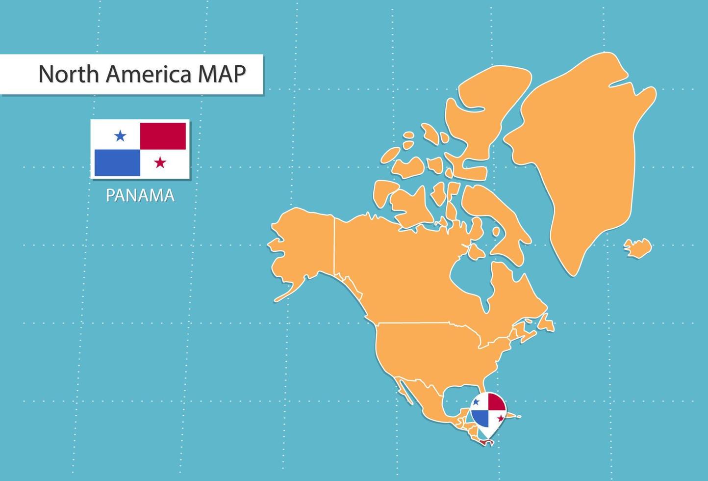 carte du panama en amérique, icônes indiquant l'emplacement et les drapeaux du panama. vecteur