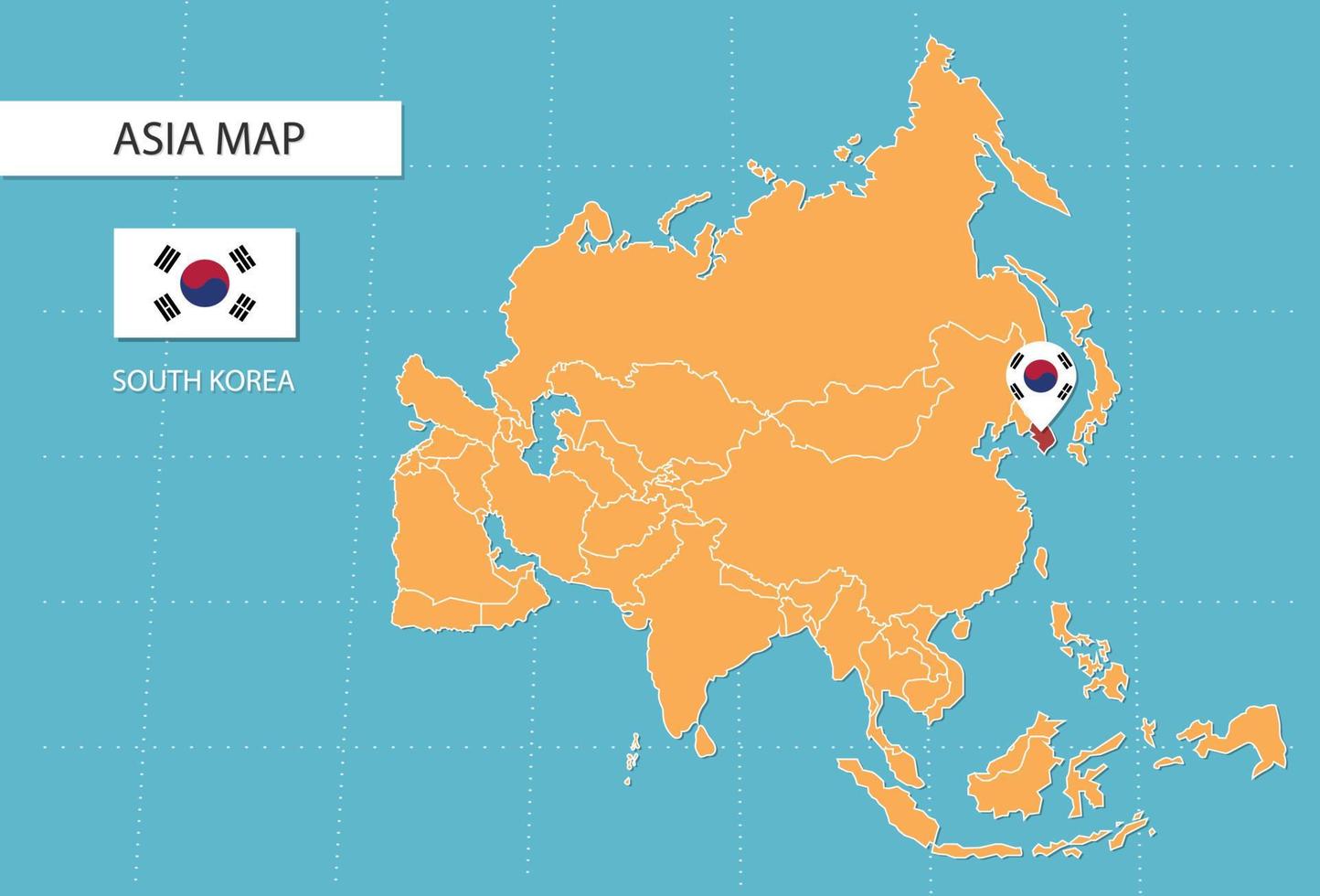 carte de la corée du sud en asie, icônes indiquant l'emplacement et les drapeaux de la corée du sud. vecteur