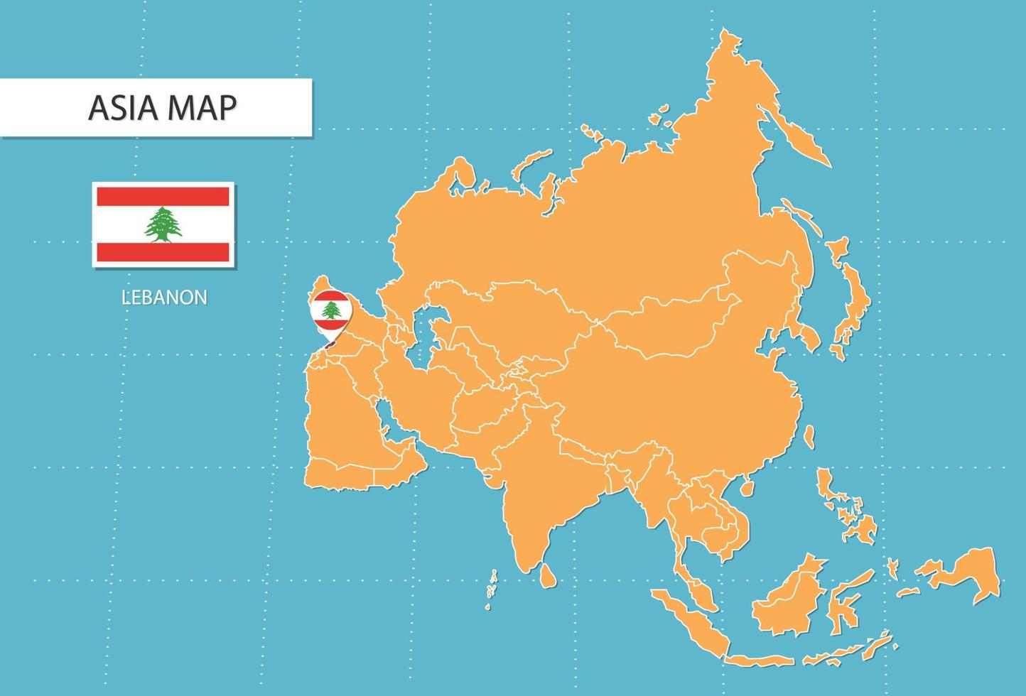 carte du liban en asie, icônes indiquant l'emplacement du liban et les drapeaux. vecteur