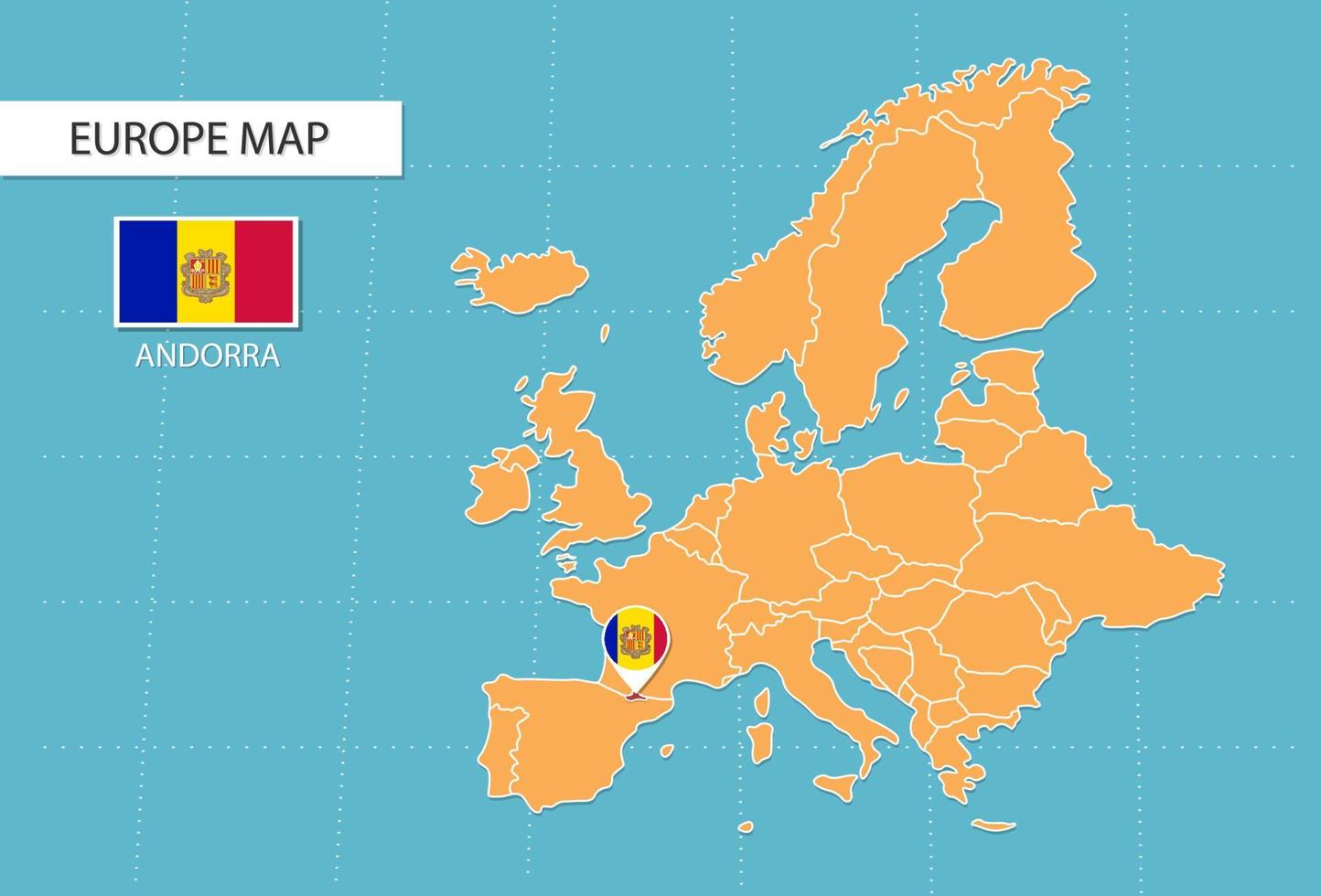 carte d'andorre en europe, icônes indiquant l'emplacement et les drapeaux d'andorre. vecteur