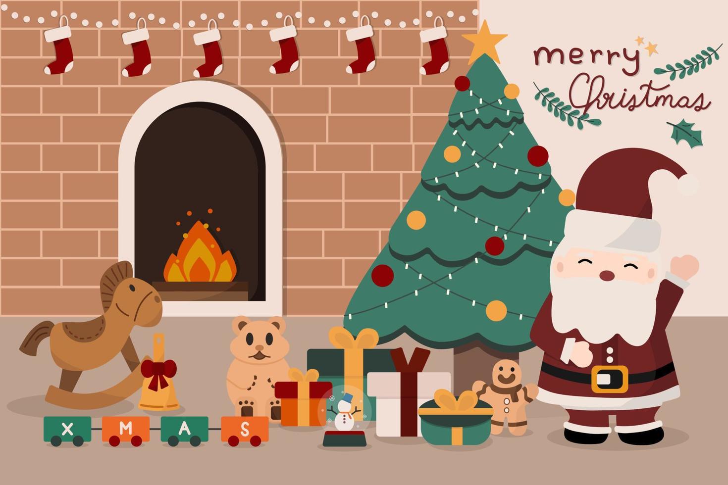 illustration de joyeux noël et éléments de noël tels que cheminée, arbre de noël, cadeau. illustration vectorielle saisonnière de Noël. vecteur