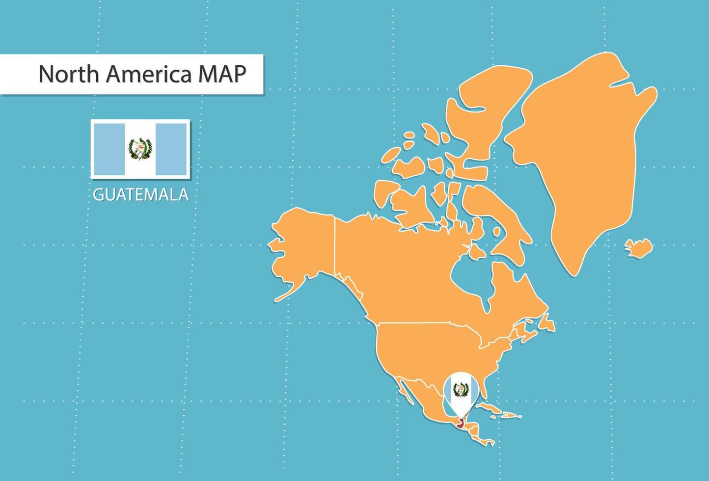 carte du guatemala en amérique, icônes indiquant l'emplacement et les drapeaux du guatemala. vecteur