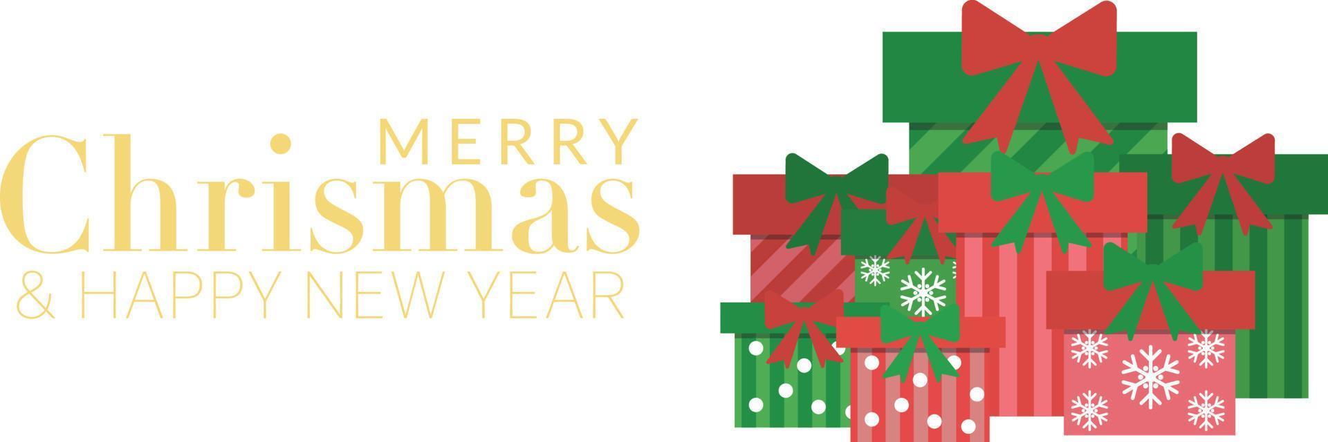 joyeux noël et bonne année carte de voeux vacances avec ensemble de cadeau rouge et vert avec fond de ruban vecteur