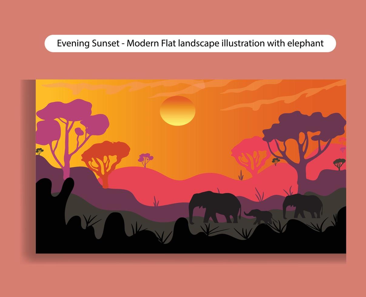 Éléphant noir marchant au fond de montagne et de coucher de soleil avec illustration vectorielle de lumière du soir vecteur