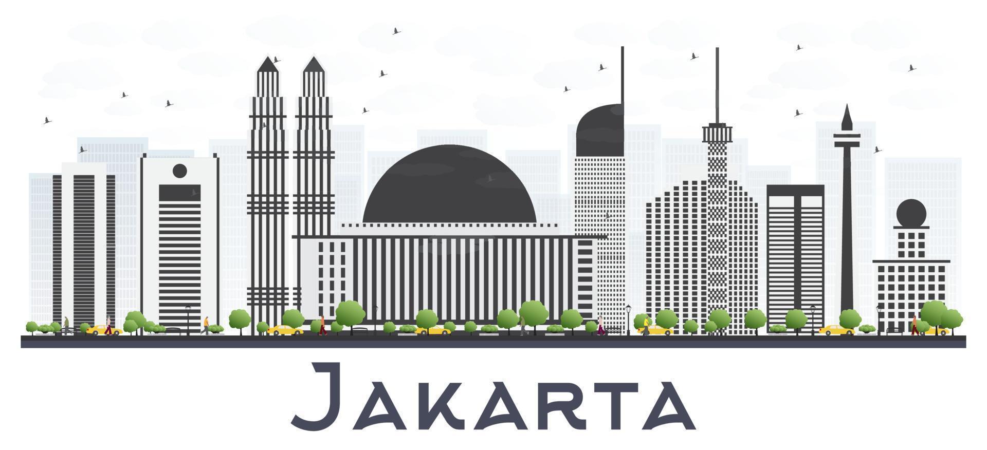 horizon de la ville de jakarta en indonésie avec des bâtiments gris isolés sur fond blanc. vecteur