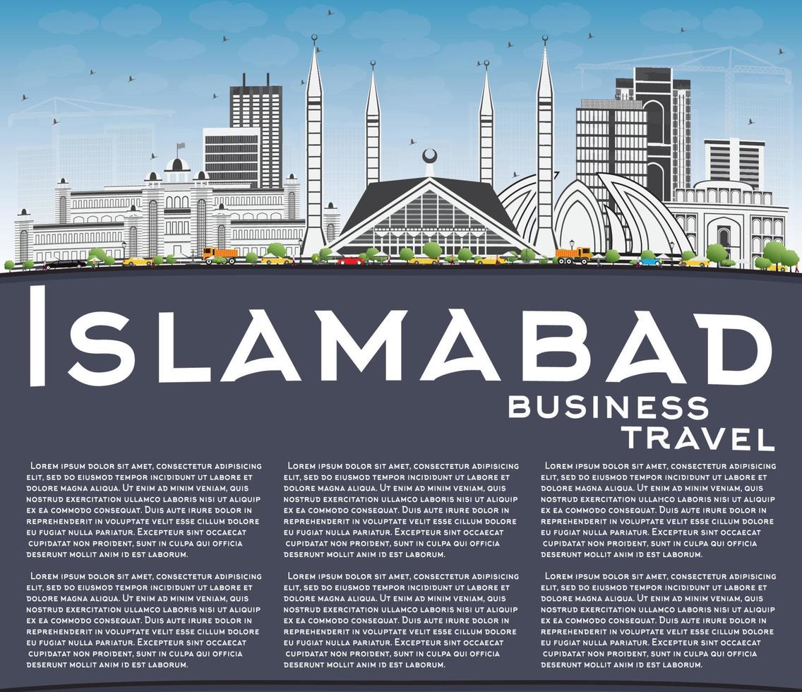 horizon d'islamabad avec bâtiments gris, ciel bleu et espace de copie. vecteur