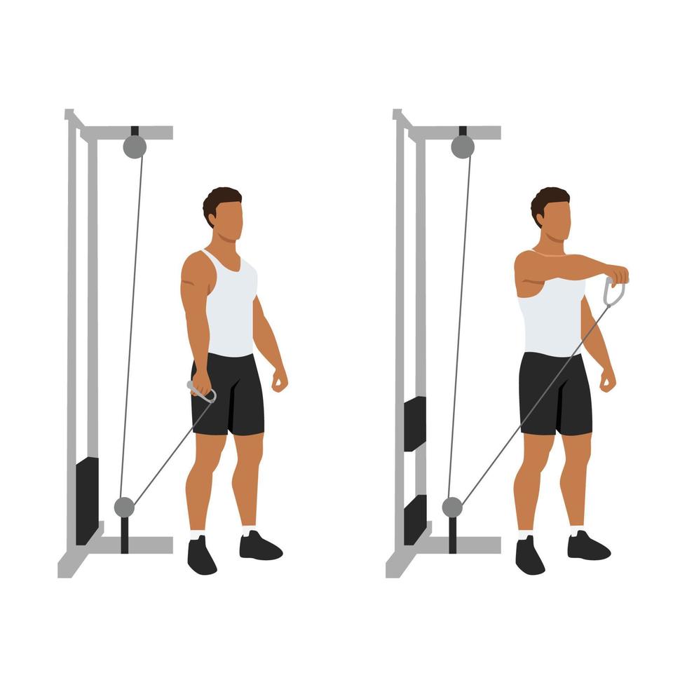 homme faisant un exercice de levage avant par câble à bras unique. illustration de vecteur plat isolé sur fond blanc