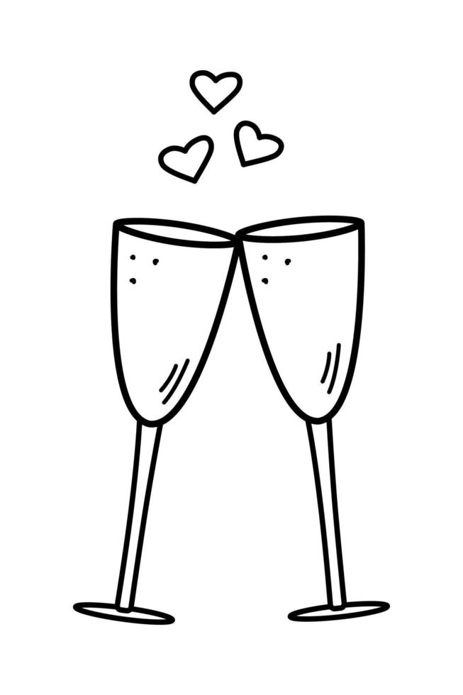 deux verres de champagne avec des éclaboussures de coeurs, illustration vectorielle doodle, icônes sur blanc. vecteur