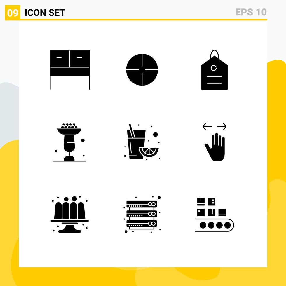 ensemble de 9 glyphes solides vectoriels sur la grille pour le stand de jus cupsakes d'argent cuisine éléments de conception vectoriels modifiables vecteur