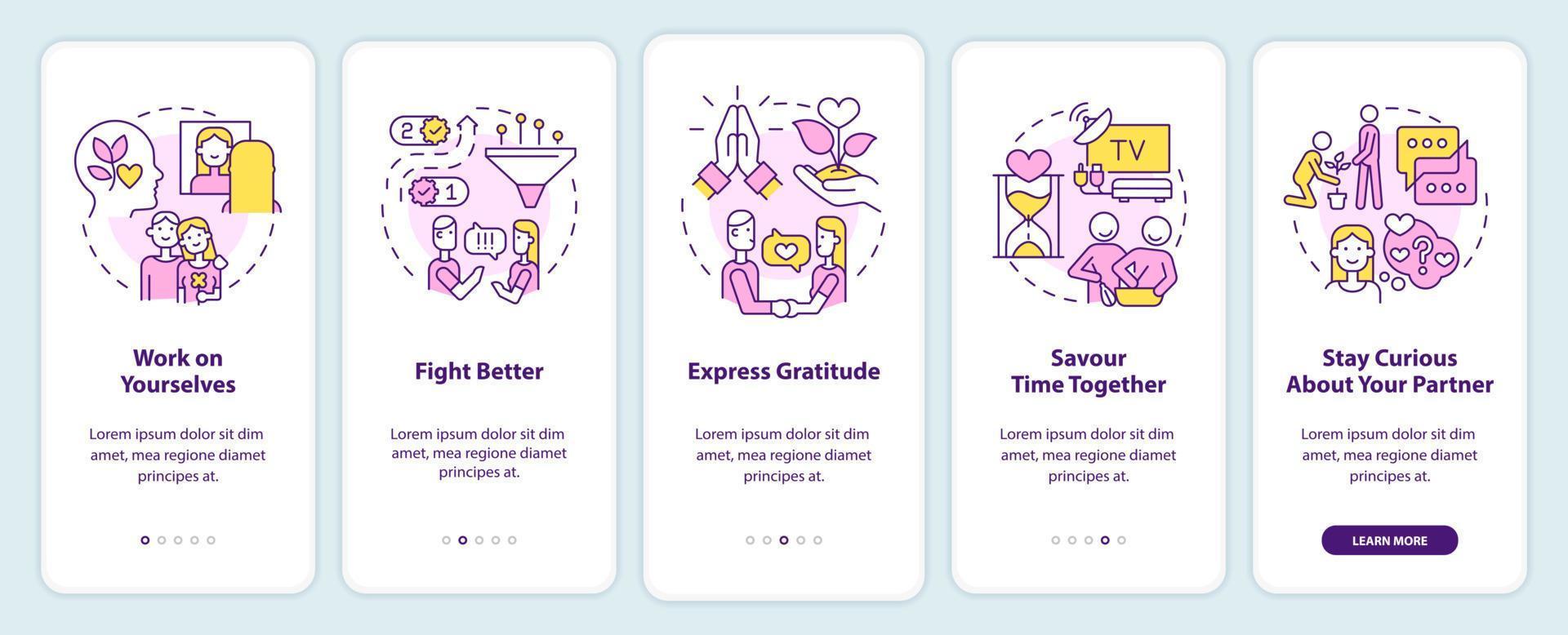 comment enregistrer l'écran de l'application mobile d'intégration de la relation. Fight Better Walkthrough 5 étapes d'instructions graphiques modifiables avec des concepts linéaires. ui, ux, modèle d'interface graphique. vecteur