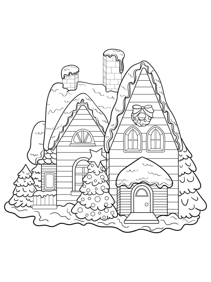 maison d'hiver en bois et briques, avec neige avec sapin de noël, contour noir isolé sur fond blanc, illustration vectorielle, décoration de vacances, coloriage vecteur