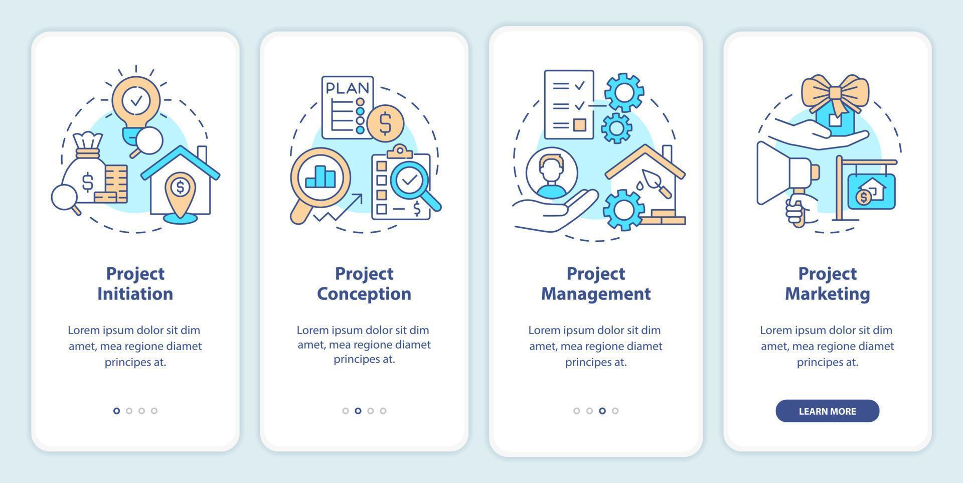 développement de projets immobiliers à bord de l'écran de l'application mobile. procédure pas à pas en 4 étapes instructions graphiques modifiables avec des concepts linéaires. ui, ux, modèle d'interface graphique. vecteur