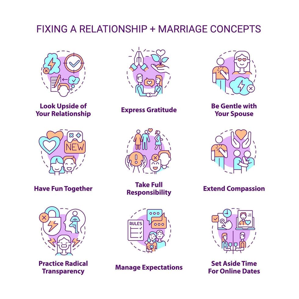 ensemble d'icônes de concept de relation et de mariage de fixation. communication saine avec des illustrations en couleur de ligne mince d'idée de partenaire. symboles isolés. trait modifiable. vecteur