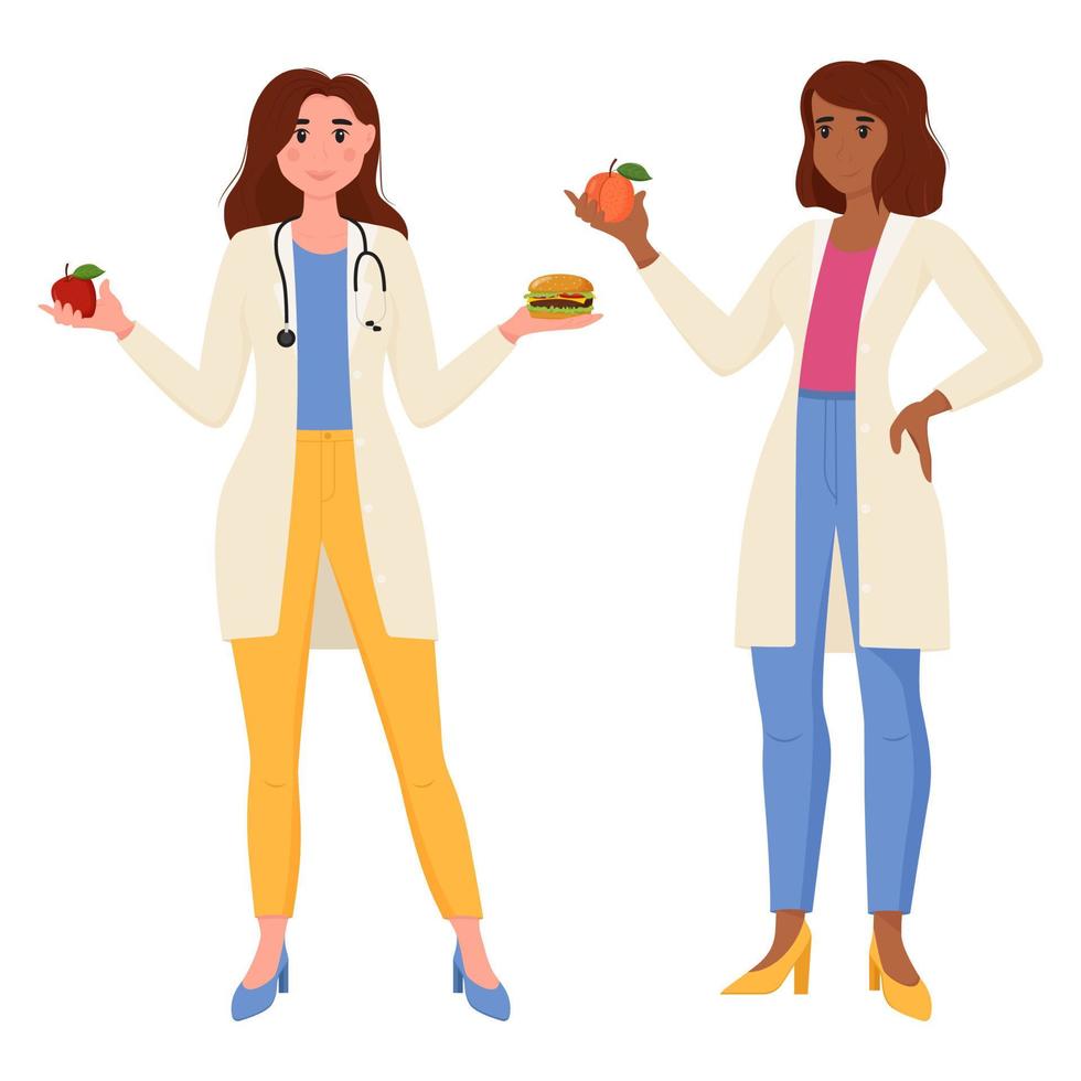 femme médecin nutritionniste. une nutritionniste féminine avec des aliments sains et malsains dans ses mains. concept de soins de santé et de perte de poids. vecteur