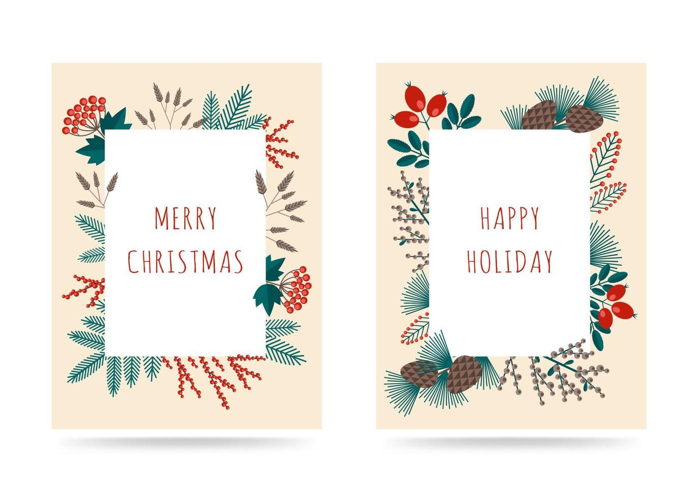 cartes de voeux joyeux noël avec cadre de plantes d'hiver dans le style rétro. illustrations vectorielles de stock avec symboles botaniques de vacances - pin, cône, branche, baie dans les couleurs rouges et vertes. vecteur