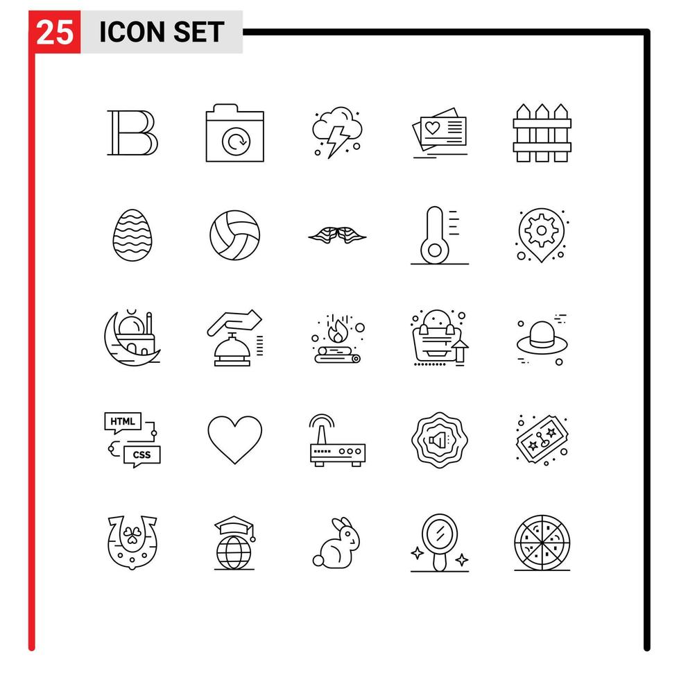 ensemble moderne de 25 lignes de pictogrammes d'éléments de conception vectoriels modifiables de coeur de clôture de nuage de maison en bois vecteur