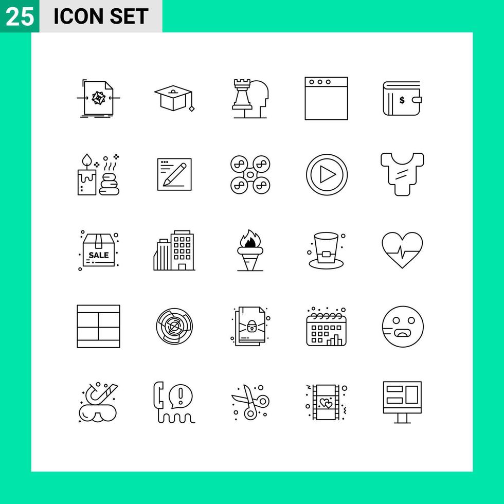 25 icônes créatives signes et symboles modernes de décisions d'argent en espèces portefeuille mac éléments de conception vectoriels modifiables vecteur