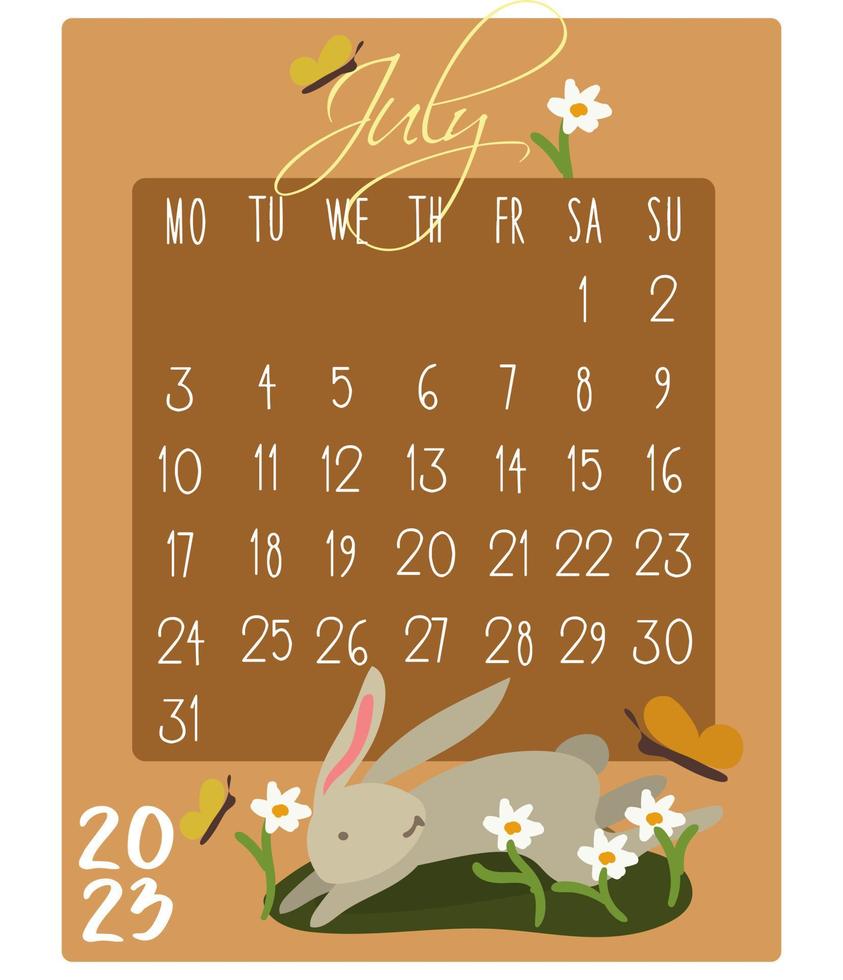 calendrier du mois avec des lapins pour 2023. lapin en juillet. mois calendaire pour l'impression sur papier et textile. bannière, dépliant, carte postale. vecteur